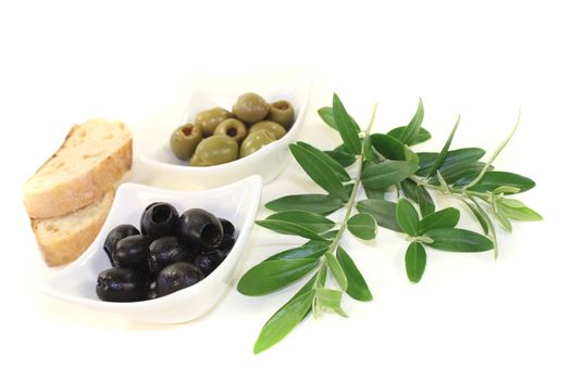 olives with bread and olive bough on a light background