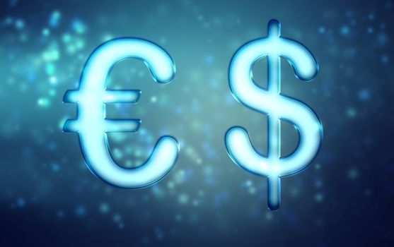 Euro and Dollar on abstract blue light background