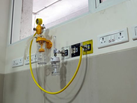 An emergency equipment setup of oxygen and other components at a hospital.                               