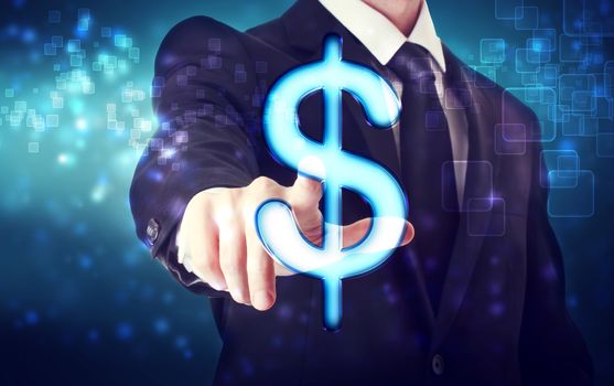 Businessman pointing Dollar icon with blue tech background