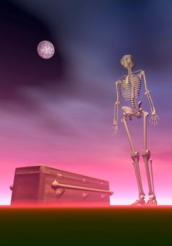 White skeleton next to a coffin by dark red night with full moon