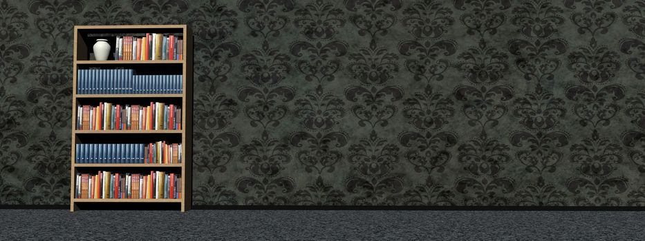 Dark wallpaper in a room with only library and books