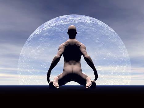 Back of a man praying by night with full moon
