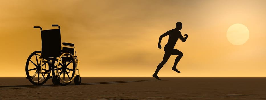 Happy man running up from a wheelchair to the sun