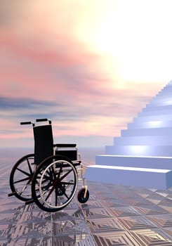 Wheelchair can not go further because of stairs, sunset sky
