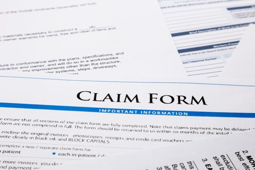 claim form, paperwork and legal document, accident and insurance concepts