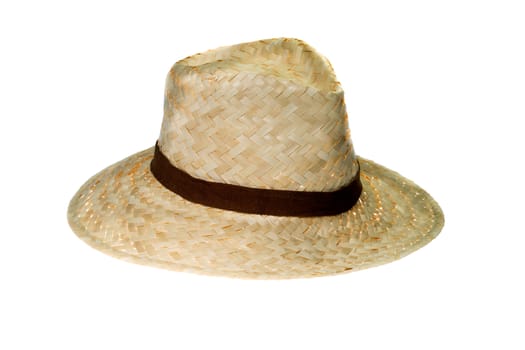 hat - made from palm leaf with brown fabric strap - isolated