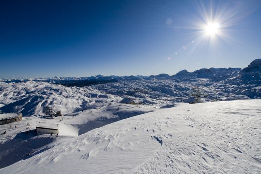 Small village in mountains covered by the snow