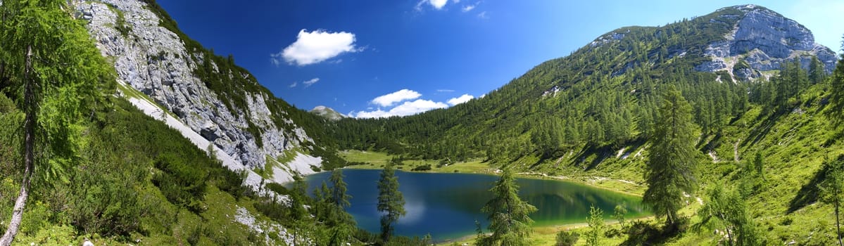 Very large panorama of the lake in the mountains