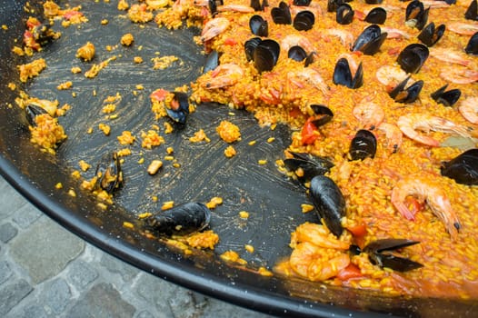 Detail view of a Pan with Seafood Paella