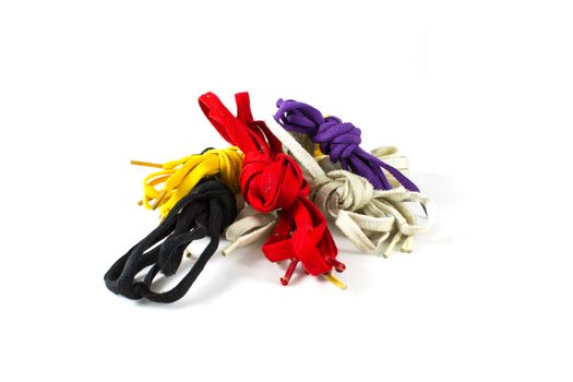 Colour shoelace, white, purple, black, yellow,  isolated on white background