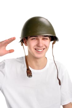 The teenager in a military helmet