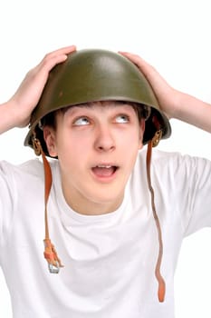 The teenager in a military helmet