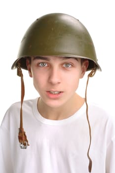 The teenager in a military helmet