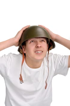 The teenager in a military helmet