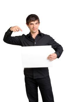 man holding blank paper isolated on the white