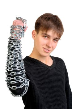 teenager stand with the chain on his hand