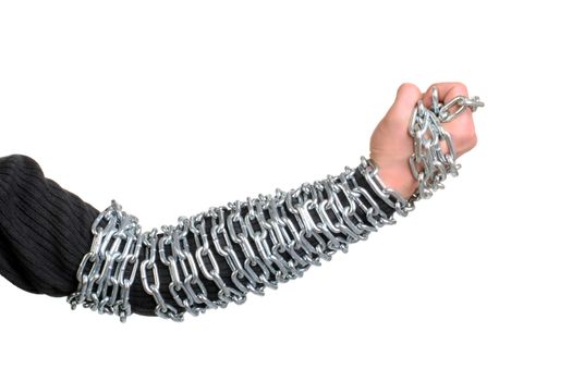 hand with a chain isolated on the white