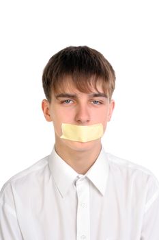 teenager with mouth sealed isolated on the white