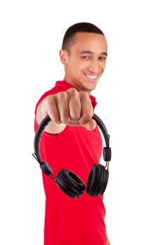 Black man having fun listening to music - isolated over a white background