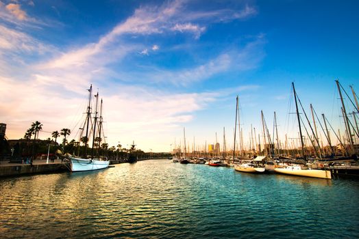 yachts in the harbor against the evening sky