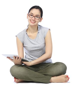 A woman using a tablet computer