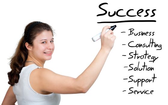 Businesswoman explain how to be successful on whiteboard