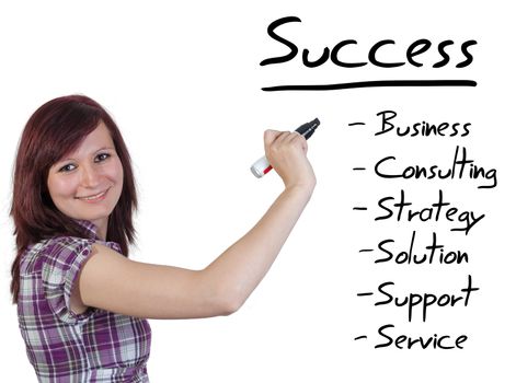 Businesswoman explain how to be successful on whiteboard