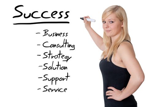 Businesswoman explain how to be successful on whiteboard