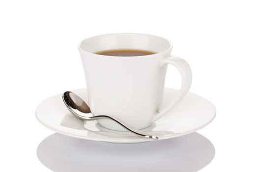 Cup of coffee with spoon isolated on white background close up.