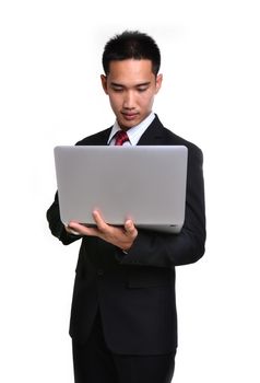 business man with laptop isolated on white background