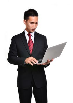 business man with laptop isolated on white background