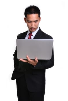 business man with laptop isolated on white background