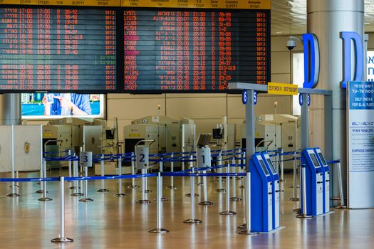 TEL AVIV - JULY 06, 2013: Empty hall of passenger terminal #3 in Israeli international airport Ben-Gurion on Saturday (Shabbat) on July 06, 2013 in Tel-Aviv, Israel