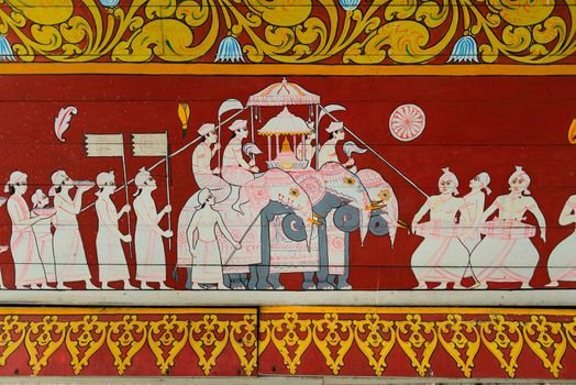 Detail art painting with ritual procession on a wall Duddhist  Temple of the Sacred Tooth Relic in Kandy, Sri Lanka 