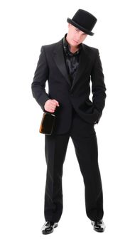 Handsome full-length fashionable man in retro style with bottle of alcohol drink in his hand isolated on white background