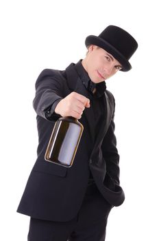 Handsome fashionable man in retro style with bottle of alcohol drink in his hand isolated on white background