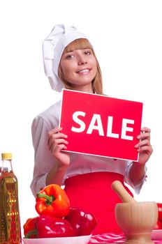 beautiful woman hold sign with sale, over white background