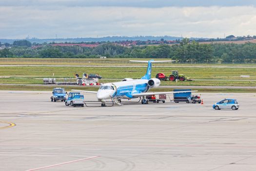 Preparation of aircraft for the flight and the airport of Budapest, Hungary, June 13, 2012. International Airport Franz Liszt serving the Hungarian capital Budapest, the largest of the five international airports in the country.