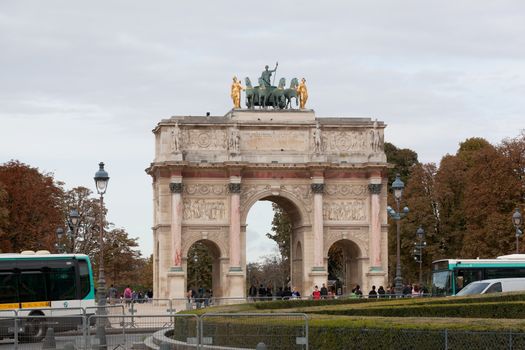 Triumphal Arch (Arc de Triomphe du Carrousel) at Tuileries gardens in Paris,France, October 02,2012. The monument was built between 1806-1808 to commemorate Napoleon's military victories