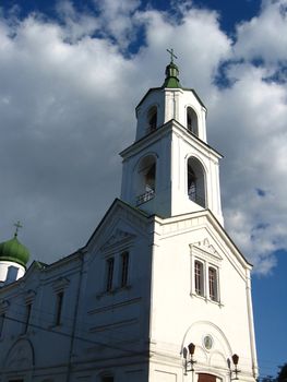 image of rural church on blue sky background