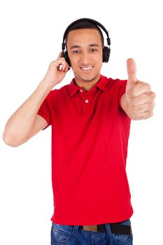 Black man having fun listening to music - isolated over a white background