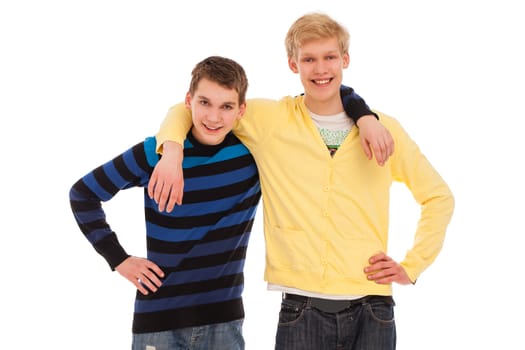 Two friends hugging together isolated over white background