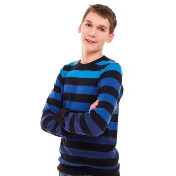 Happy teenager boy in casual standing isolated over white background