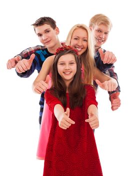 Happy brothers and sisters posing together isolated over white background