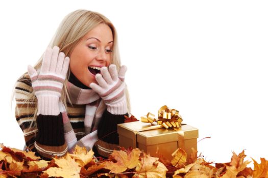  woman take autumn gift isolated in studio