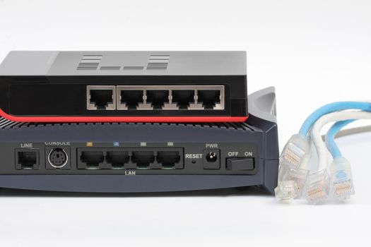 Ethernet switch isolated and router modem connect Lan on the white background