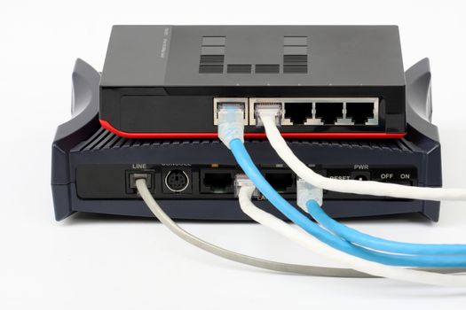 Ethernet switch isolated and router modem connect Lan on the white background