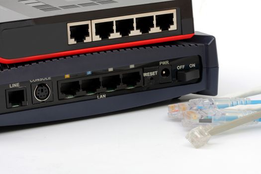 Ethernet switch isolated and router modem connect Lan on the white background