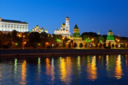 Russia, Moscow, night view of the Moskva River, Bridge and the Kremlin